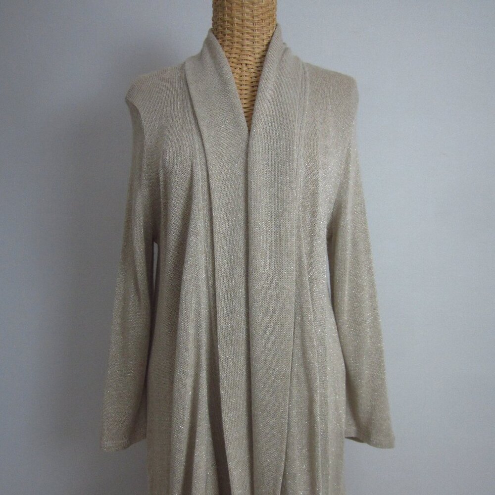 New Three Dots Womens M Beige Silver LS Shimmer Shawl Cardigan Sweater NWT $136